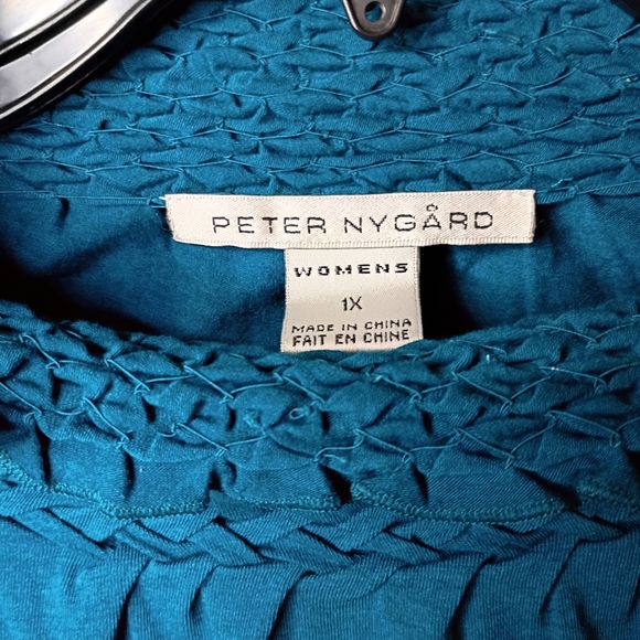 NWT Peter Nygard Blouse Women 1X Turquoise Knit SmockedNeck LongSleeve Business - Picture 3 of 6